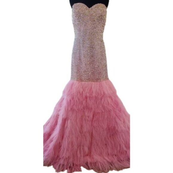 Couture Luxurious Ostrich Feathers Designer Embroidery Evening Prom Gown Dress - Picture 2 of 16